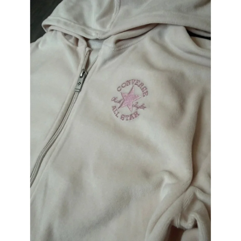 Converse All Star Kids Pink Velour Zip Up Hoodie Sweatshirt Star Logo